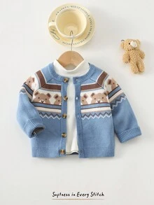 Cozy Pixies Suéter de cárdigan de manga larga con cuello redondo con estampado de oso de dibujos animados y geométrico para bebé niño en otoño/invierno - Azul - Ver 1