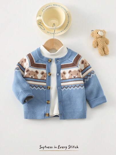 Cozy Pixies Baby Boy Cartoon Bear & Geometric Pattern Round Neck Long Sleeve Cardigan Sweater Fall Winter