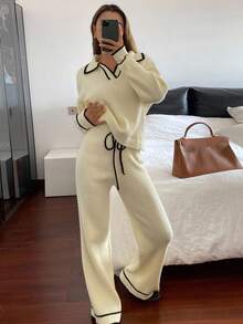 Livesso 女士V领宽松毛衣和阔腿裤两件套，秋季 - 米色 - 查看 3
