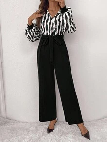 SHEIN Clasi 女式V领条纹长袖阔腿优雅连体裤 - 黑色 - 查看 3