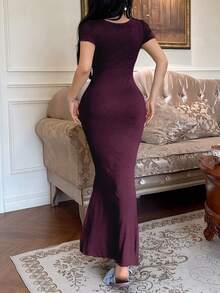 DAZY Ruffled Collar Tie-Up Bodycon Casual Dress For Women Pajama - Burgundy - View 2