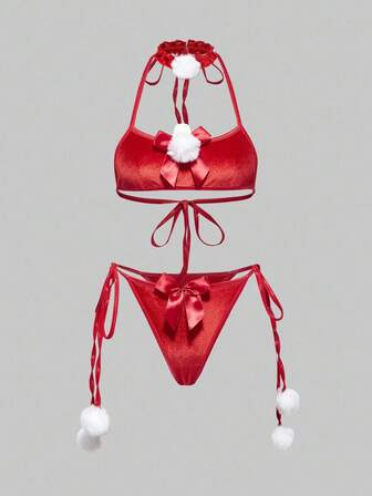 ROMWE Avant 3pcs Women's Christmas Bra, Thong Panty, Neck Collar With Bow & Pom Pom Lingerie Set