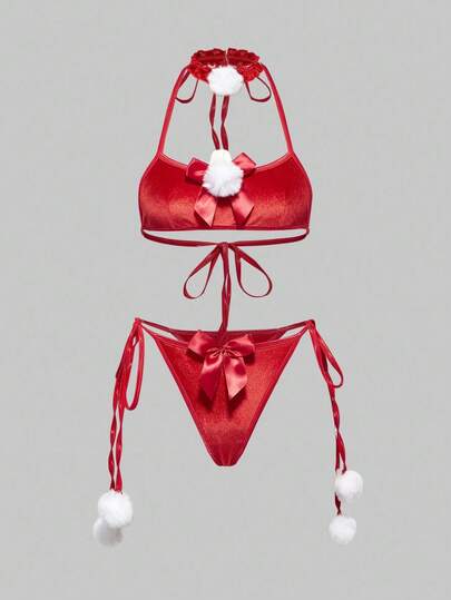 ROMWE Avant 3pcs Women's Christmas Bra, Thong Panty, Neck Collar With Bow & Pom Pom Lingerie Set