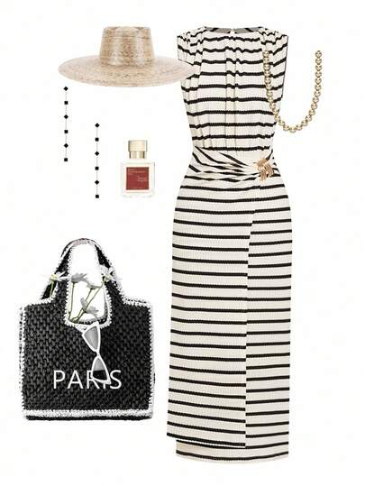 Ellevyn Summer Elegant Women's Solid Color Pleated Metal Decoration Sleeveless Hanging Knitted Long Skirt  Stripev   Fall Clothes For Women  Going Out Outfit