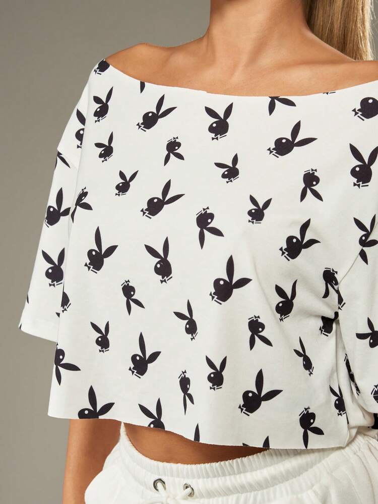 Missguided x Playboy Off Shoulder AOP Bunny Print Short Sleeve Cropped Top