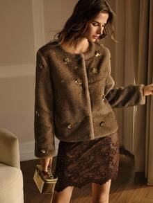 MOTF PREMIUM SEQUIN FLORAL DECOR FAUX FUR COAT - Brown - View 8