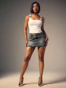 Denimoi Women Raw Hem Ripped Mini Denim Skirt - Grey - View 3