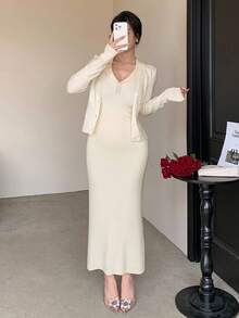 DAZY Bộ 2 món áo len cardigan bó sát màu trơn thời trang thu đông và chân váy bút chì, trang phục áo len dệt kim thanh lịch và thời trang cho nữ - Màu be - Xem 5