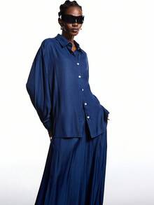 LYSMO Conjunto Casual de 2 Peças com Camisa de Manga Longa com Ombros Caídos e Calça Perna Larga Solta em Cor Sólida, Outono - Azul - Visão 9