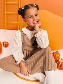 SHEIN Vestido de Manga Longa com Aplicação de Letra em Tecido Texturizado Retalhos para Meninas Jovens, Casual, Outono - Caqui - Visão 2