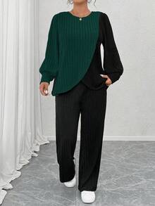 EMERY ROSE Plus Size Black Autumn Curve Smart Casual Loungewear 2 Pieces Set,Soft Knit Ribbed Crew Neck Long Sleeve Asymmetrical Patchwork Top&Straight Leg Pants - Multicolor - View 3