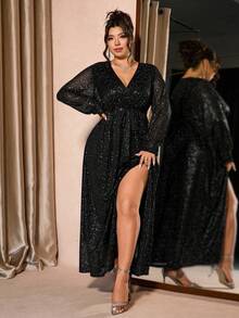 Cravure Plus Size Women V-Neck Long Sleeve Sheer Fashion Slit Glitter Elegant Dress - Black - View 6