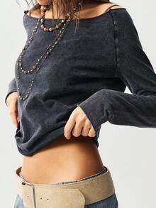 Bohemela Áo thun dệt kim cổ thuyền tay dài màu trơn thường ngày dành cho nữ - màu đen - Xem 2