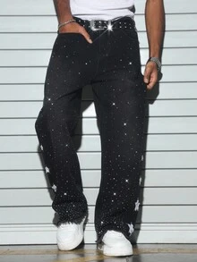Manfinity EMRG Jeans anchos de mezclilla desgastados para hombres con decoración de strass en forma de estrella, ropa urbana juvenil - Negro - Ver 6