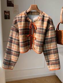 Comfortcana Winter  Halloween Plaid Casual Short Tie-Front Long Sleeve Women Wool Blend Overcoat In Fall/Winter Brown Plaid Overcoat , Christmas - Brown - View 6