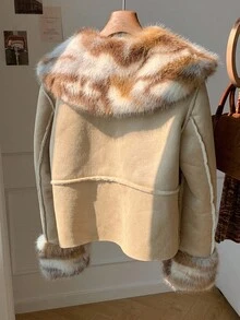 Comfortcana Women's Autumn/Winter Retro Lamb Fleece Warm Fake Fur Splicing Coat