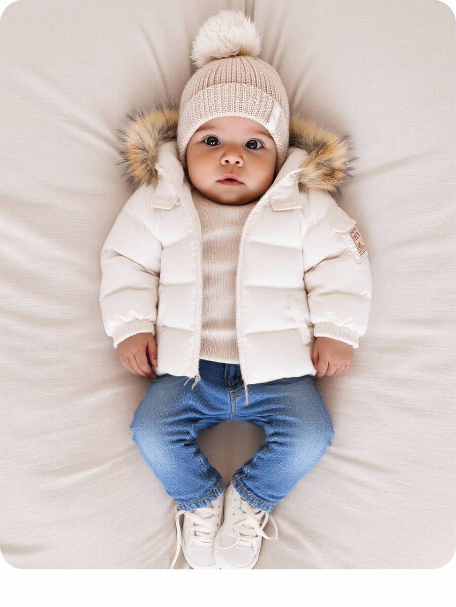 SHEIN Babygirl Cute Autumn/Winter Versatile Warm Fleece Hooded Padded Coat Fall - Apricot - View 1
