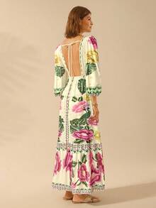 CAJUNI 女式波西米亚风热带花卉 V 领长袖露背 A 字形度假连衣裙 - 彩色 - 查看 2