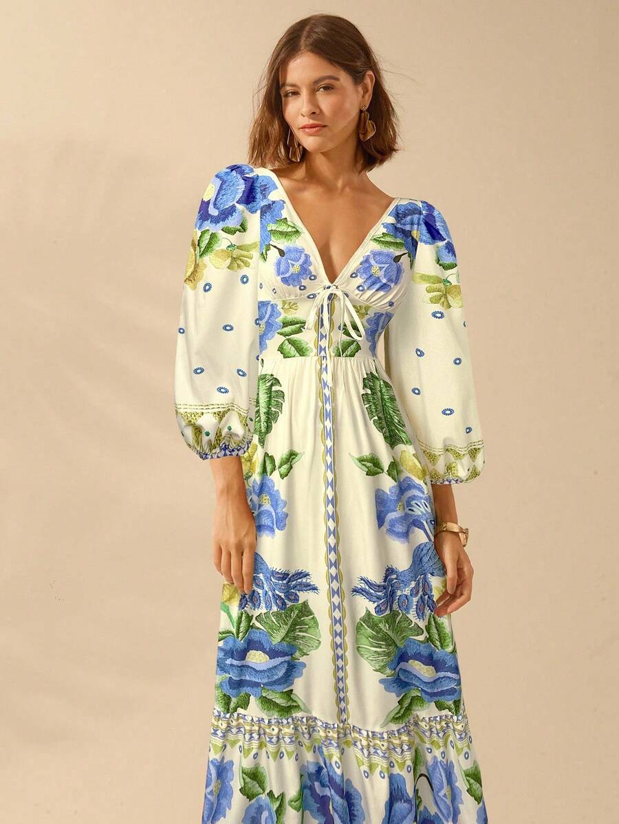 CAJUNI Damen Boho Tropical Blumen V-Ausschnitt Langarm Rückenfreies Taille A-Linie Urlaubskleid