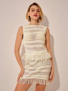 CAJUNI Vacation Pointelle Knit Fringe Hem Sweater Skirt - Cream - View 1