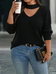 EMERY ROSE Plus Size Women Casual Solid Color V-Neck Hollow Out Sweater - Black - View 5