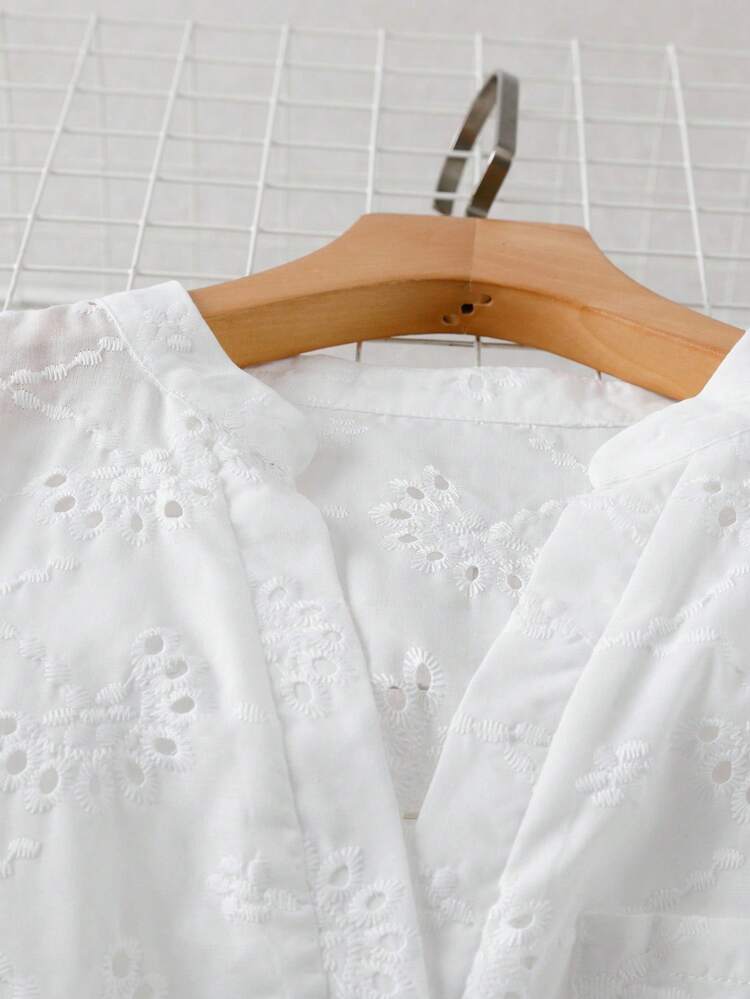 Blusa blanca de manga larga con cuello en V, diseño de bolsillo bordado y hueco, informal y holgada, para mujer, para el invierno y el Día de Acción de Gracias