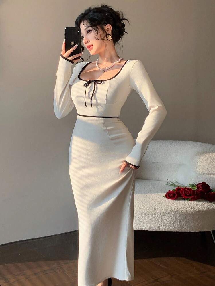 Autumn Fashion Color Block Splice Fitted Waist Elegant Casual Square Neck Bowknot Decor Wedding Party Cocktail Long Sleeve Midi Dress For Women