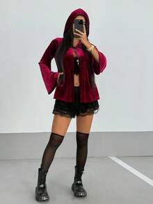 SHEIN Unity 万圣节十字架装饰天鹅绒连帽斗篷披肩夹克斗篷背心，酒红色 - 酒紅色 - 查看 3