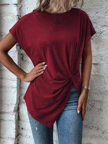 EMERY ROSE Women's Short Sleeve Knotted Casual Loose Solid Color T-Shirt - Red - View 4