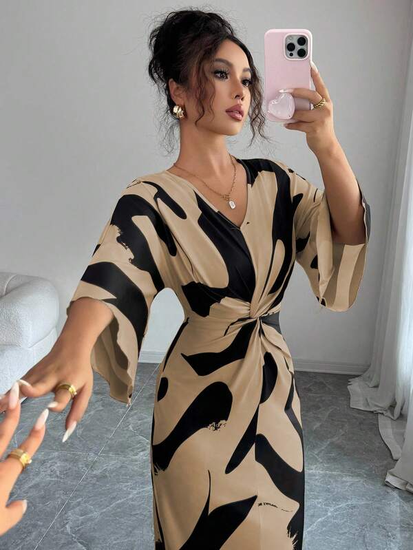 Elenzga Women's Apricot Base Color Milk Silk Digital Printed High-Stretch Fabric V-Neck Waist Twist Design Waist-Cinching Asymmetrical Hem Niche Design High-End Elegant Date Outfit Thanksgiving Halloween Atmosphere Autumn New Essential Fashion Midi Dress