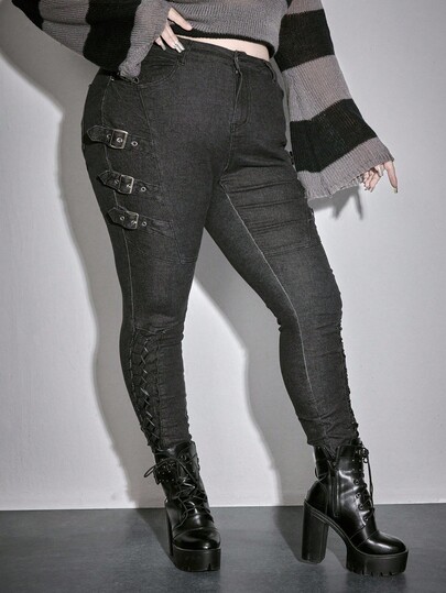 Goth Jeans im Grunge-Punk-Streetfashion-Vintage-Stil mit seitlicher Bindung, Herbst/Winter Damenbekleidung Große Größen Jeans
