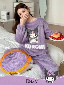 HELLO KITTY AND FRIENDS | SHEIN 女士宽松卡通刺绣上衣和裤子睡衣套装，秋冬季服装 - 紫色 - 查看 3