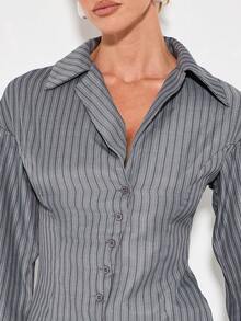 KIZN Professional Long Sleeve Button Down Pinstripe Shirt Dramatic Puff Sleeves Modern Stylish Office Career Workwear Asymmetric Business Collared Blouse - Grey - View 4