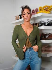 SAYEHFBABY Atasan Wanita Lettuce Trim Rib-Knit Dasi Depan Plain Casual - Hijau Tentara - View 1
