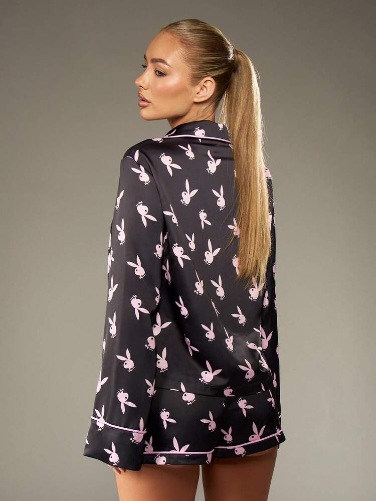 Missguided x Playboy Bunny Print Satin Pajama Set Long Sleeve Button Up Top With Matching Shorts Loungewear Sleepwear Holiday Gift