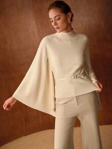 MOTF PREMIUM HIGH NECK BATWING SLEEVE RIBBED KNIT SWEATER TOP - Apricot - View 2