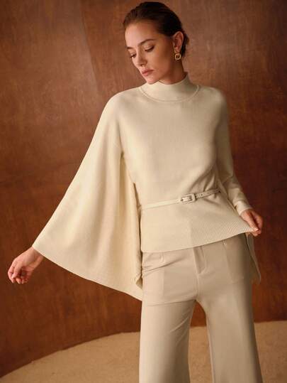 MOTF PREMIUM HIGH NECK BATWING SLEEVE RIBBED KNIT SWEATER TOP