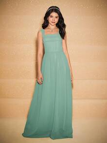 Váy voan cổ vuông không tay ôm eo thanh lịch, phù hợp cho phù dâu, dạ hội, tiệc sinh nhật, Giáng sinh, Halloween, tốt nghiệp - màu xanh lá - Xem 1