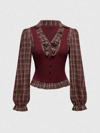 Vintage Gothic Karomuster Patchwork Langarm Bluse für Frauen, ideal für den Schulanfang