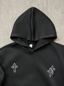 SHEIN 青少年男孩黑色撞色超大运动衫和运动裤套装，十字印花，休闲，舒适，百搭，面料柔软，适合日常穿着、上学、郊游、户外运动、秋冬 - 黑色 - 查看 6