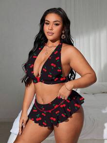 Swim Mod Plus Size Bikini Set - Halter Neck Backless Top With Allover Print Bottom Summer Beach
