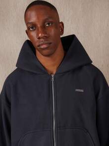 SUMWON 常规版型全拉链连帽衫，带中央口袋 - 藏蓝色 - 查看 3