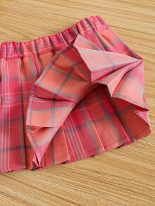 SHEIN 女婴四季合身休闲运动马球领长袖运动衫和格子百褶裙套装 - 玫紅色 - 查看 6