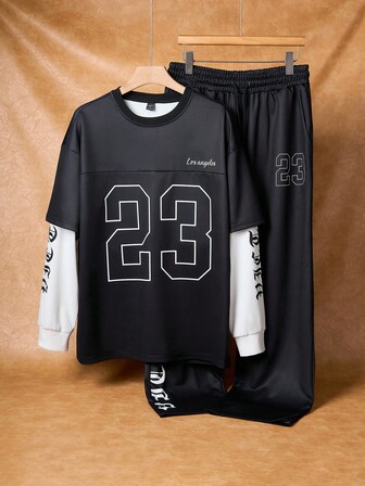 Manfinity Campus Court Conjunto de sudadera y pantalón de chándal con parches de color contrastante y estampado de letras y números para hombres, Conjunto de 2 piezas para hombres, Conjunto de traje de 2 piezas de manga larga para hombres, Conjunto de chándal de 2 piezas para hombres, Ropa de otoño