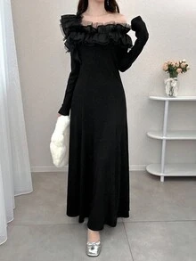 FRIFUL Đầm dài tay màu đen trơn dành cho nữ, kiểu dáng ôm sát, hở vai, xếp ly, bèo nhún, thích hợp cho mùa thu hè. - màu đen - Xem 2