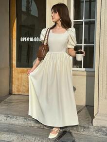 SHEIN Elegant Pink Dress For Teen Girls, Square Neck Bow Decor Ruffle Puff Sleeve, Ruffle Waist Dress - Apricot - View 5