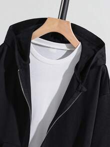 Chaqueta con capucha estilo universitario y parches en los bolsillos, informal y deportiva, adecuada para niños, vuelta al colegio, uso diario, colegio, viajes y deportes, color negro para otoño e invierno - Negro - Ver 3