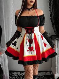 Whyspr Grunge Punk Halloween Plus Size Women Gothic Punk Playing Card Print Asymmetric Neck Short Sleeve Dress Halloween Dress Heart Dress  Queen Of Hearts Costume