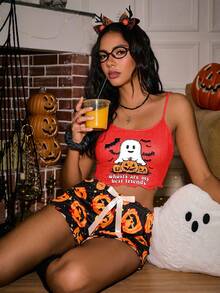 SHEIN Halloween Women Ghost Slogan Print Camisole And Shorts Pajama Set - Multicolor - View 7