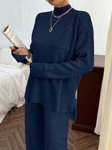 SHEIN Cottnline Rib Pattern Pocket Pullover Pant Knit Set - Navy Blue - View 7